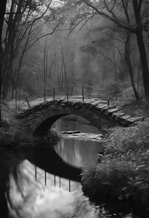 Черно-белый кирпичный мост через тихий ручей в лесу в сумерках.