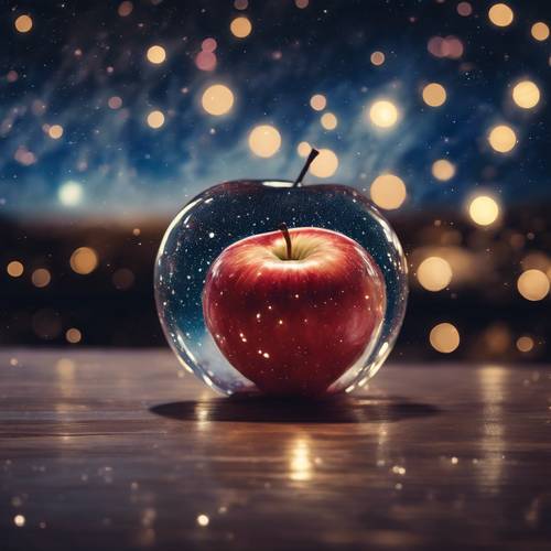Сюрреалистическое изображение прозрачного яблока, внутри которого видны звезды ночного неба и галактики.