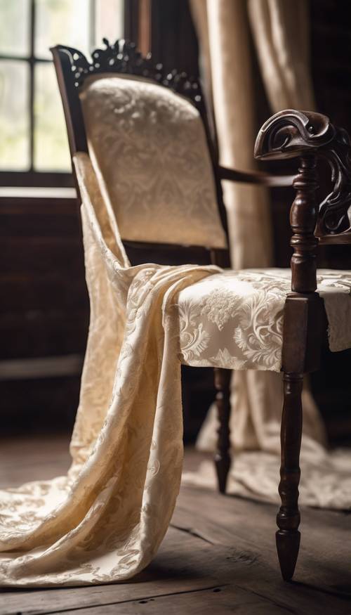 Luksusowa kremowa tkanina adamaszkowa udrapowana na zabytkowym drewnianym krześle.