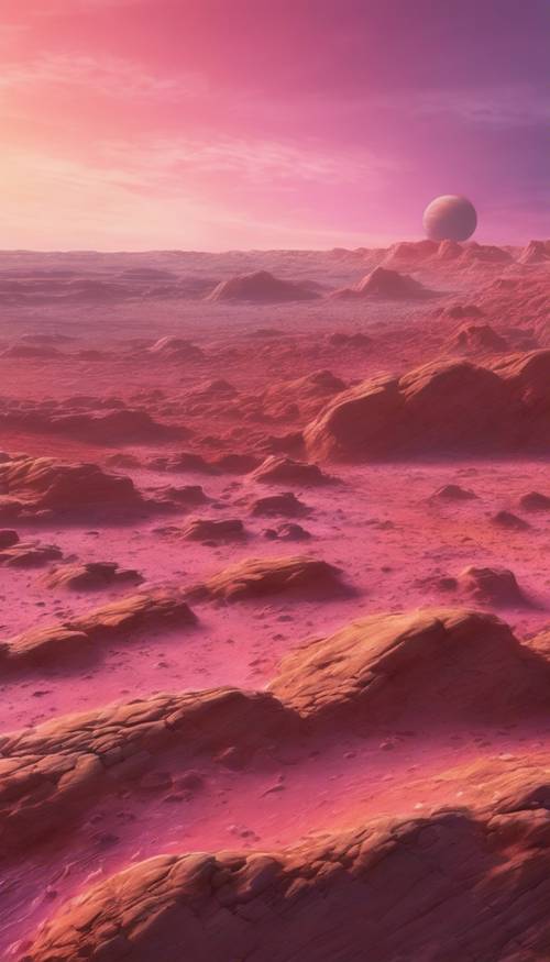 Un dessin pastel doux de la surface de Mars avec un coucher de soleil en cascade de roses et de violets sur le ciel pastel.
