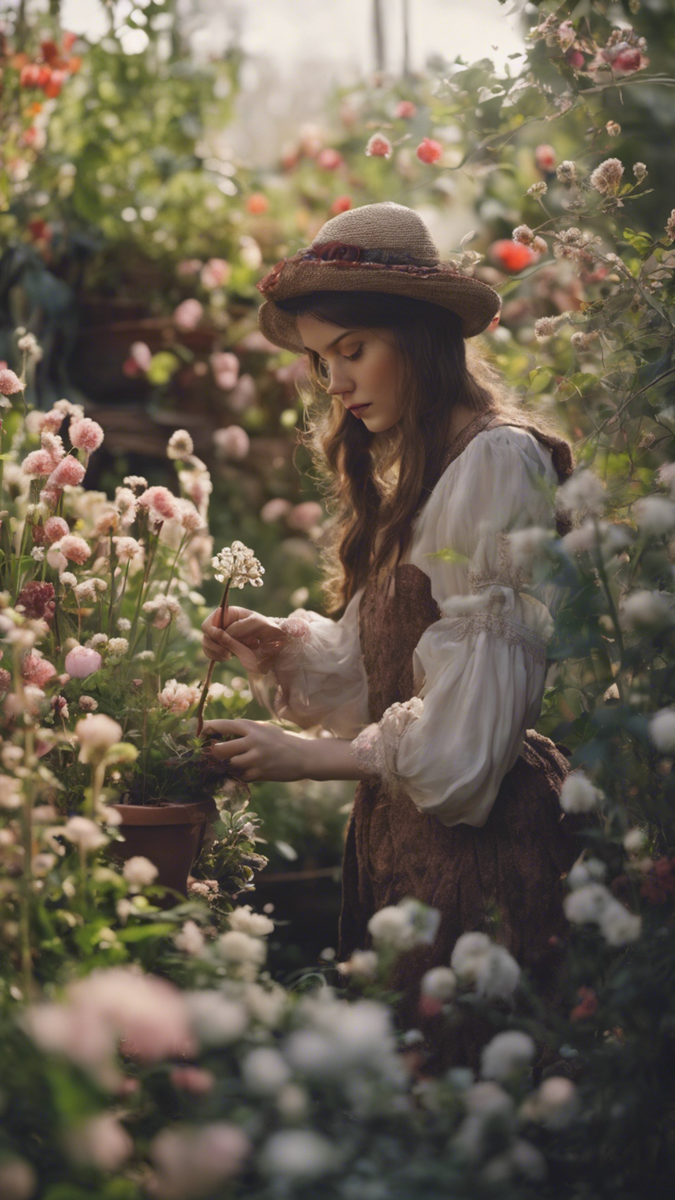 A young witch in a flower garden, tending to her magical plants. Papel de parede[4b0753822f47417e91be]