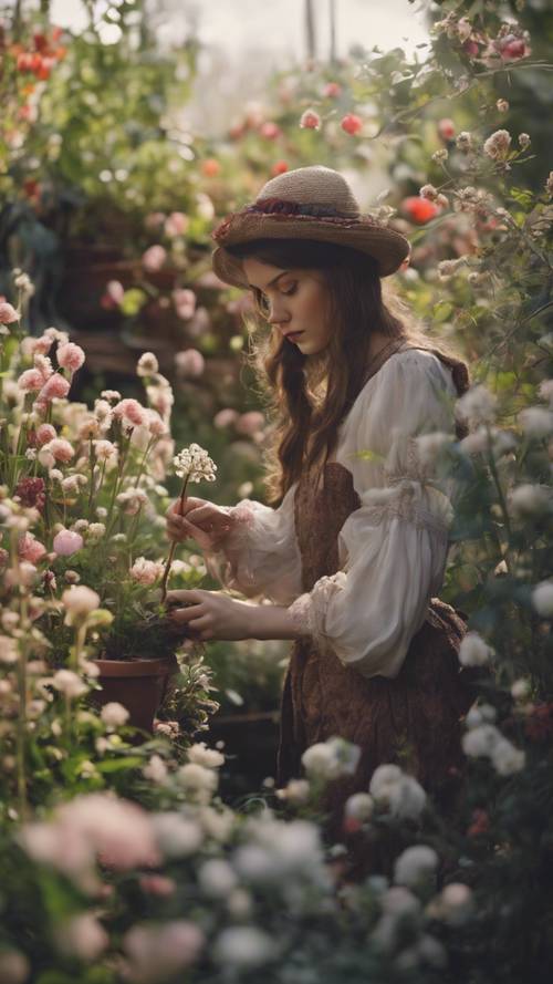 Eine junge Hexe in einem Blumengarten, die sich um ihre magischen Pflanzen kümmert.
