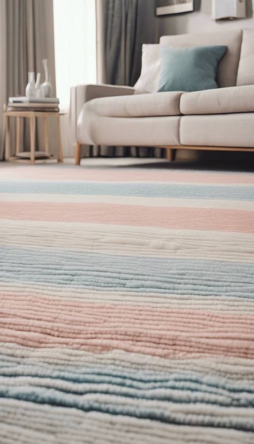 A modern minimalist living room with a breezy pastel-striped rug.