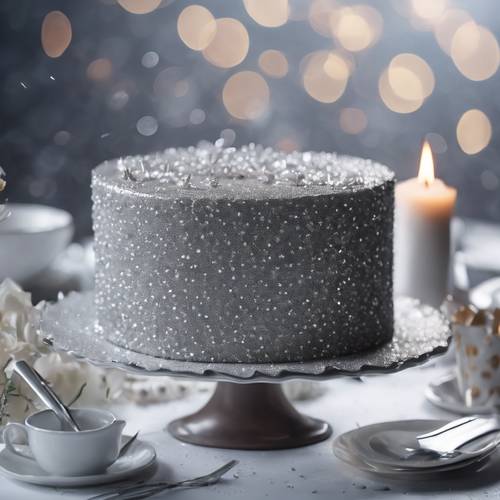 Ein wunderschöner, mit grauem Glitzer verzierter Kuchen für die Feier zum silbernen Jubiläum.