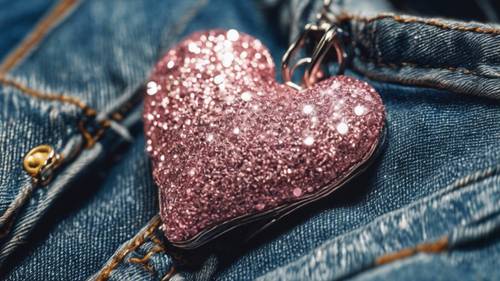 Close-up of a glittery Y2K-styled heart stuck on a denim jacket. Шпалери [52fba4749f1a4a83b723]