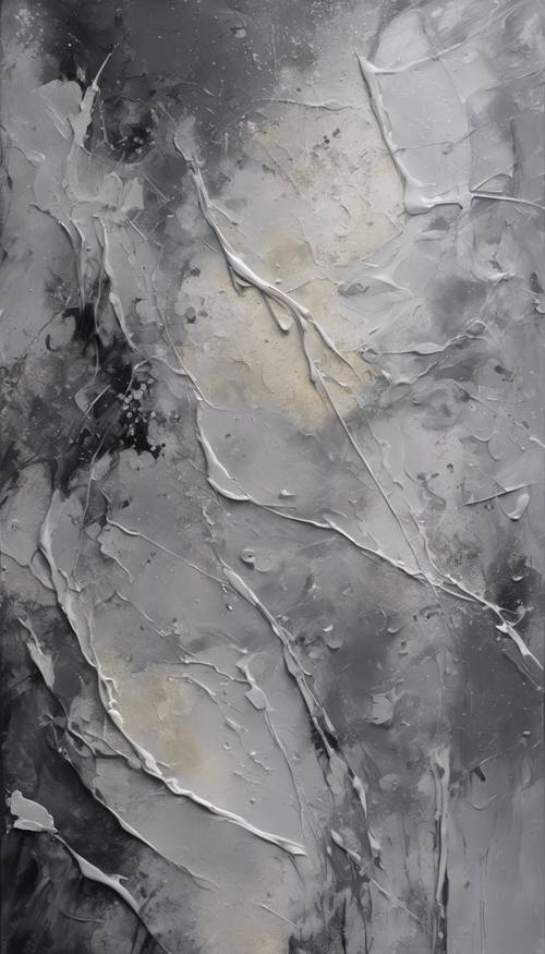 An abstract painting dominated by shades of gray and silver.