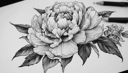 Un intricato disegno di tatuaggio di peonia in bianco e nero su una pergamena grigio chiaro.
