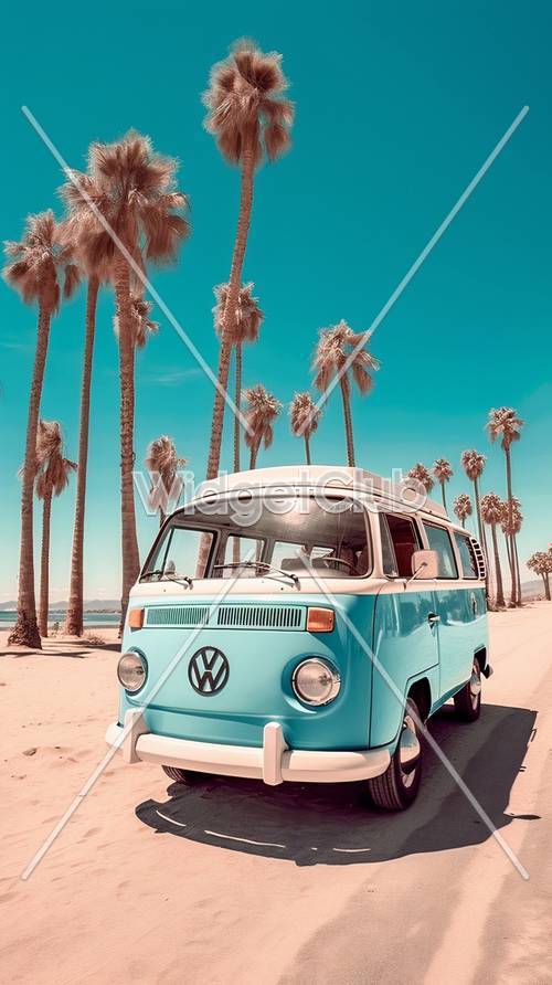 Camioneta azul vintage y palmeras junto a la playa