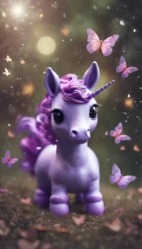 A small purple baby unicorn playing with magical butterflies. Tapeta [dc7b26ab0e544687a893]