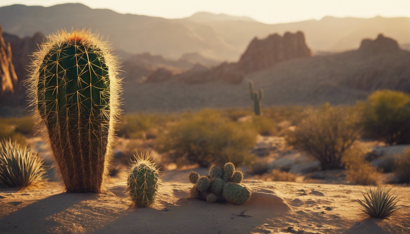 A western desert scene featuring a cactus with golden sun sinking behind the mountains. Wallpaper[5a5e35f8796441019cb8]