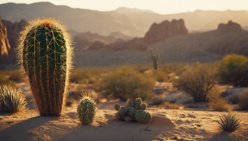 Pemandangan gurun barat menampilkan kaktus dengan matahari keemasan tenggelam di balik pegunungan.