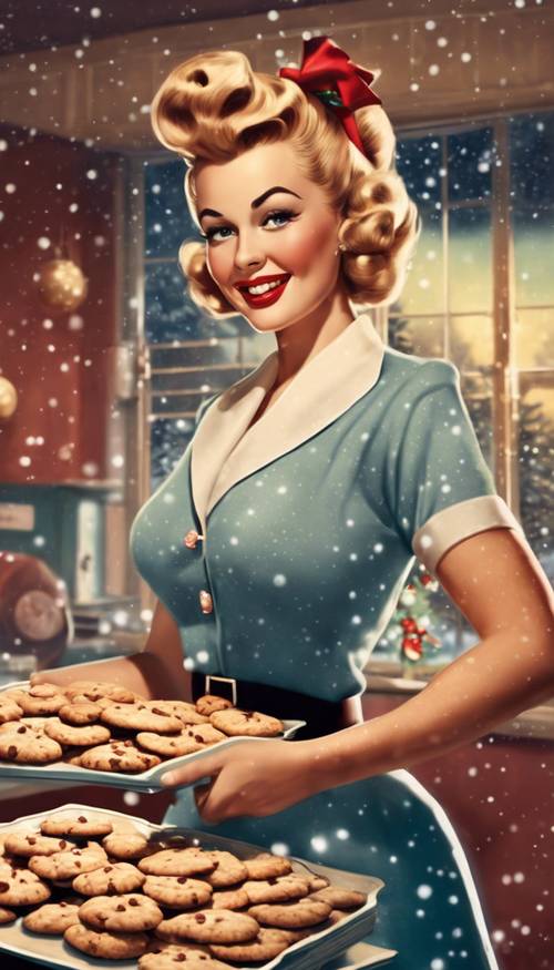 Un&#39;illustrazione pin-up natalizia in stile anni &#39;50 che raffigura una donna vestita a festa che tiene in mano un vassoio di biscotti appena sfornati.