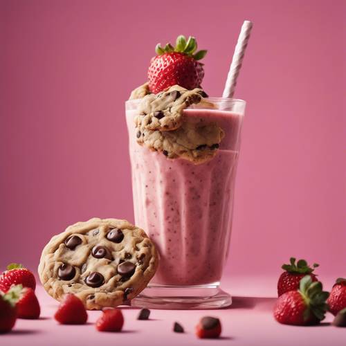 A light-hearted scene of a chocolate chip cookie surfing on waves of strawberry smoothie