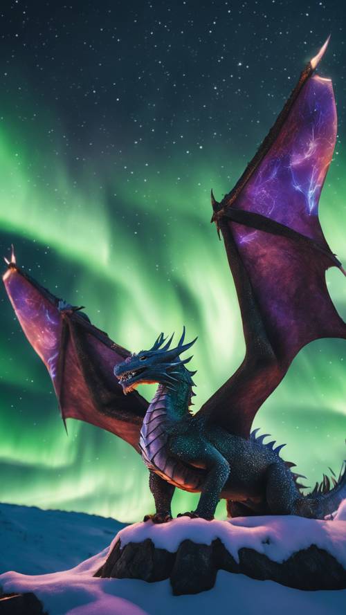 Un dragón azotado por el viento volando alegremente entre las cintas de la aurora boreal.