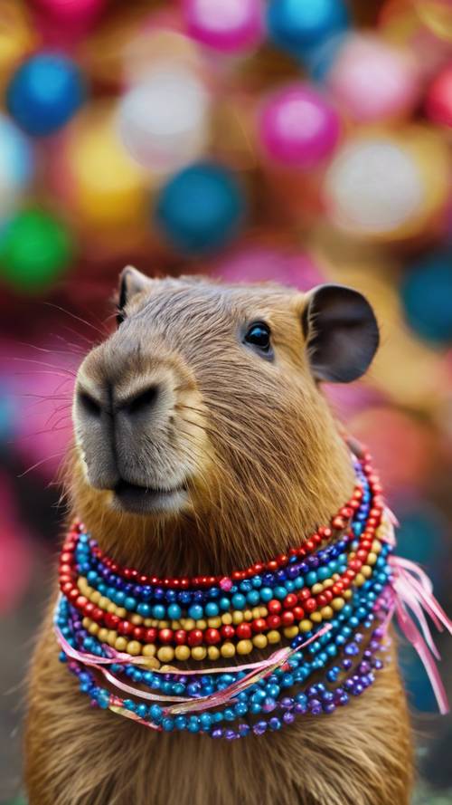 一只充满节日气氛的水豚，身上装饰着彩色的珠子和丝带。