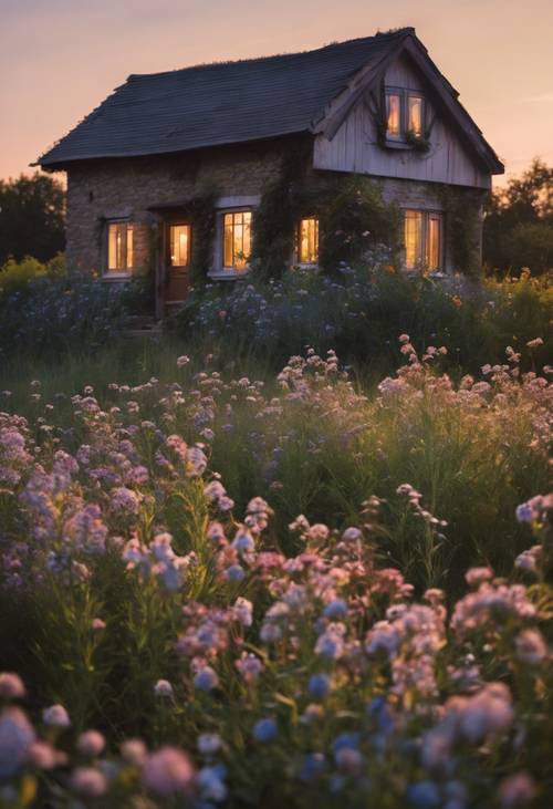 A quiet country cottage nestled among fields of wildflowers under a twilight sky Tapet [0ede37f823a64fa69c17]