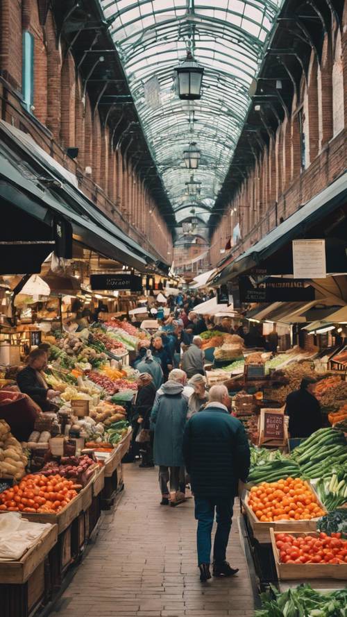 The bustling English Market of Cork filled with people, showing a variety of vendors selling fresh produce.