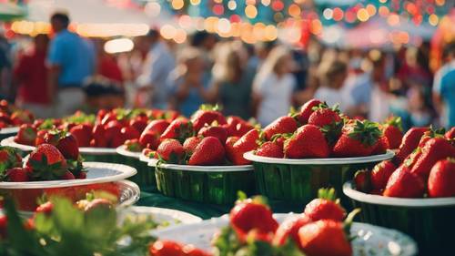 A festive scene from the Florida Strawberry Festival, with families enjoying rides and fresh strawberry dishes.