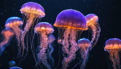 Skupisko bioluminescencyjnych meduz mieniących się na tle czarnego jak smoła oceanu.