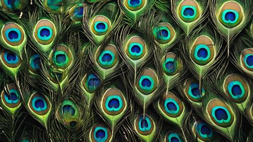 Die faszinierende Textur grüner Pfauenfedern in perfekter Symmetrie.