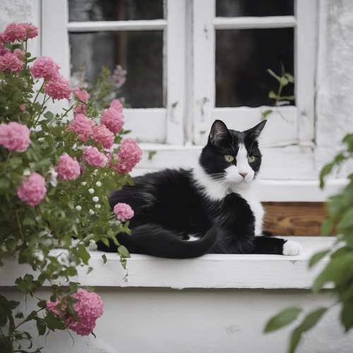 一只可爱的黑白色猫咪舒适地依偎在传统小屋的窗台上，周围环绕着鲜花”。