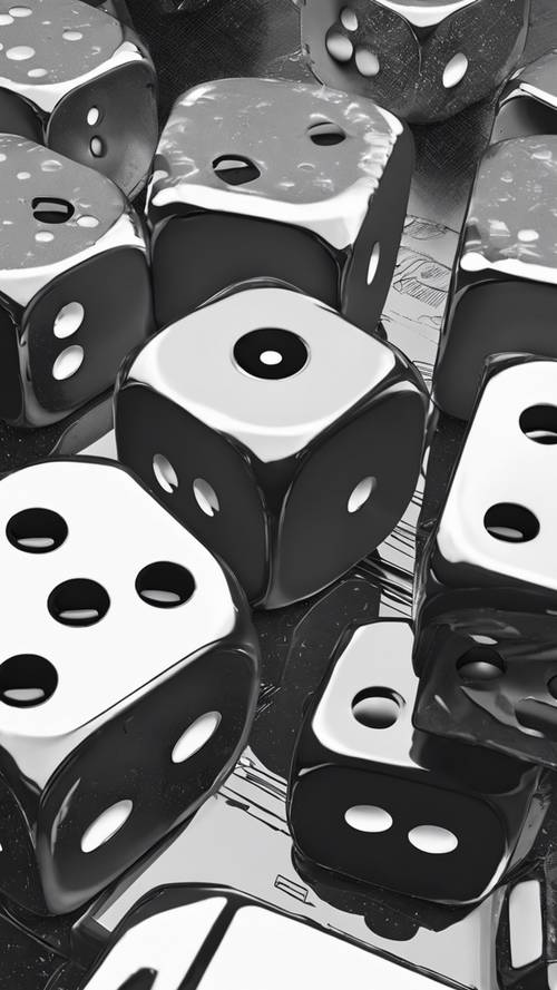 A monochrome close-up of gaming dice floating against a blurred background.