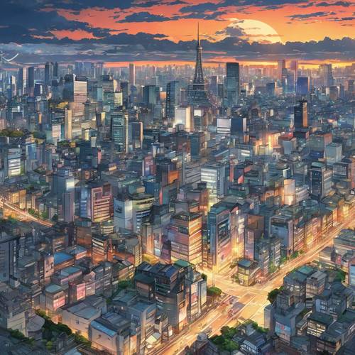 A panoramic anime view of Tokyo city with the setting sun in the background.