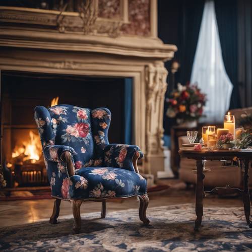 A sumptuously old-fashioned navy floral armchair next to a roaring fireplace. Tapeta [5c67c548aa2341a6ad8d]