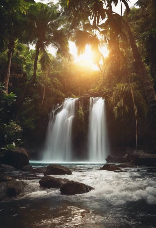 Adegan matahari terbenam air terjun di pulau tropis.