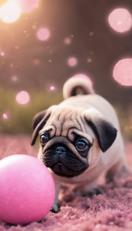 Một chú chó pug nhỏ màu hồng đang chơi với một quả bóng màu hồng&quot;.