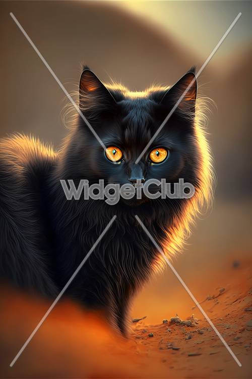 Gato negro de ojos brillantes en la luz del atardecer