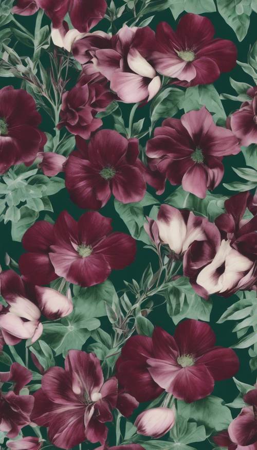 A soothing botanical wallpaper pattern of burgundy and green florals