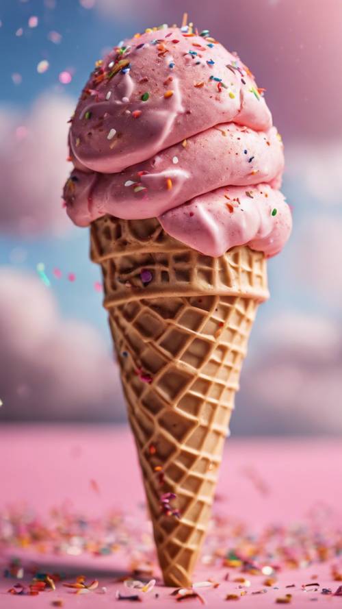 Close up of a cool pink ice cream cone with sprinkles held against a summer sky.