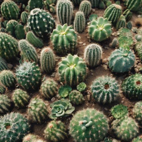 Varie forme di cactus verdi che creano un bizzarro motivo di atmosfera desertica.