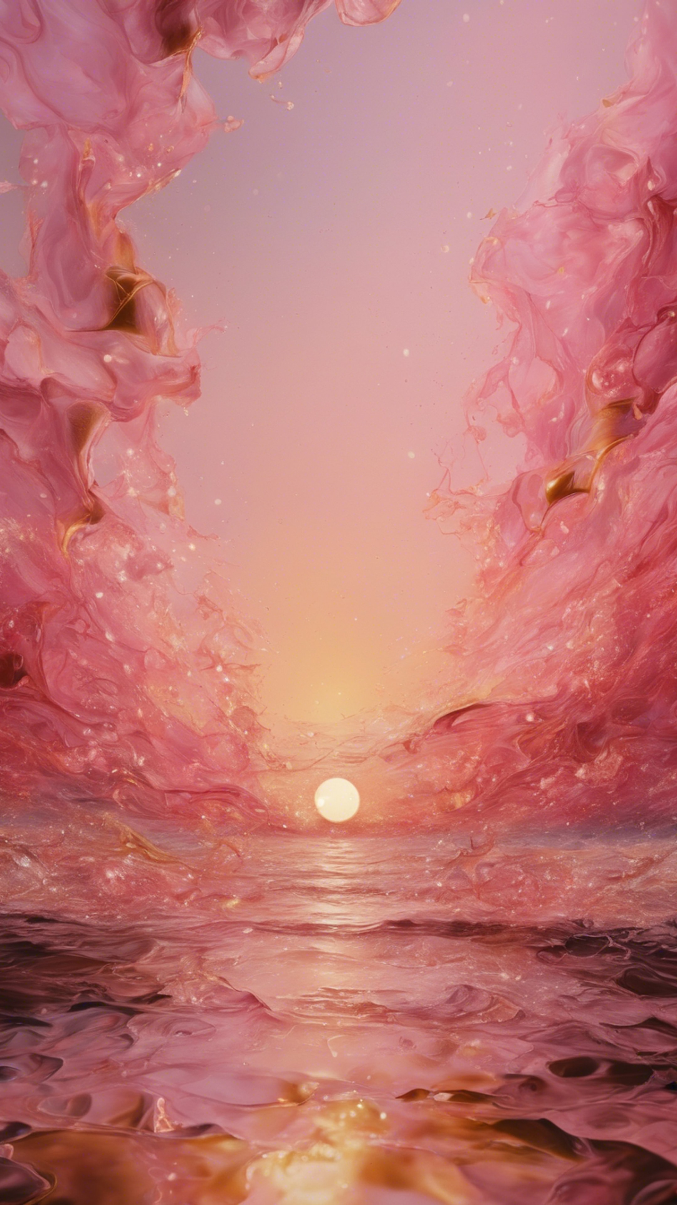 An abstract painting depicting a fusion of rose pink and gold, creating a sunset. Tapet[c07a48b6857e4311b231]