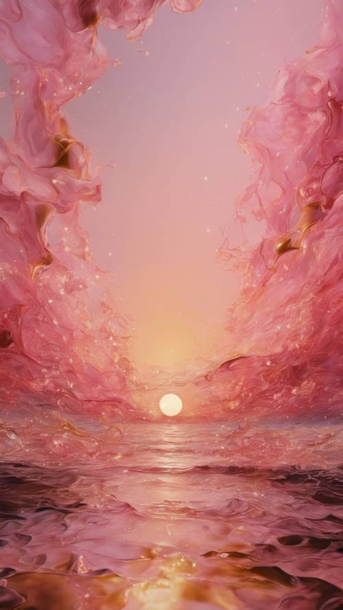 Lukisan abstrak yang menggambarkan perpaduan warna mawar merah muda dan emas, menciptakan matahari terbenam.