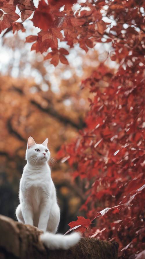 A crisp autumn scene with a white cat gazing up at a red-leafed tree. Wallpaper [04e90f5d20324ca499fd]