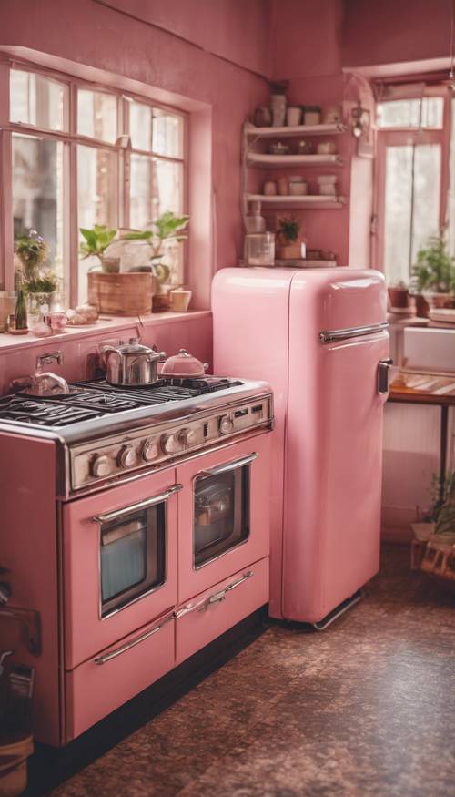 ห้องครัวย้อนยุคสีชมพูแปลกตาพร้อมตู้เย็นเก่าและเตา