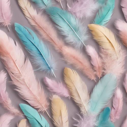 A selection of scattered pastel colored feathers in a random pattern. Ფონი [3415e9fa38554eef908a]