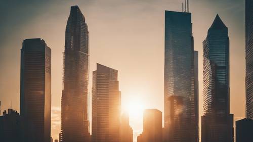 A bright sun setting behind tall skyscrapers, throwing the city into an artistic silhouette.