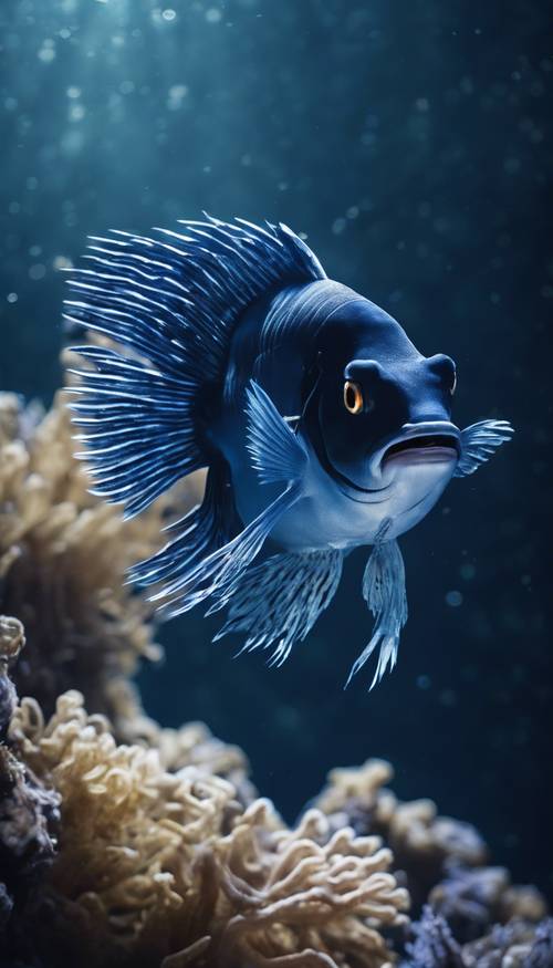 深藍色的魚兒在漆黑的深海中游動，帶有發光的條紋。