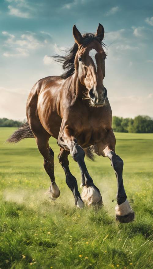 A majestic Arabian horse running freely in a lush green meadow under a bright blue sky.