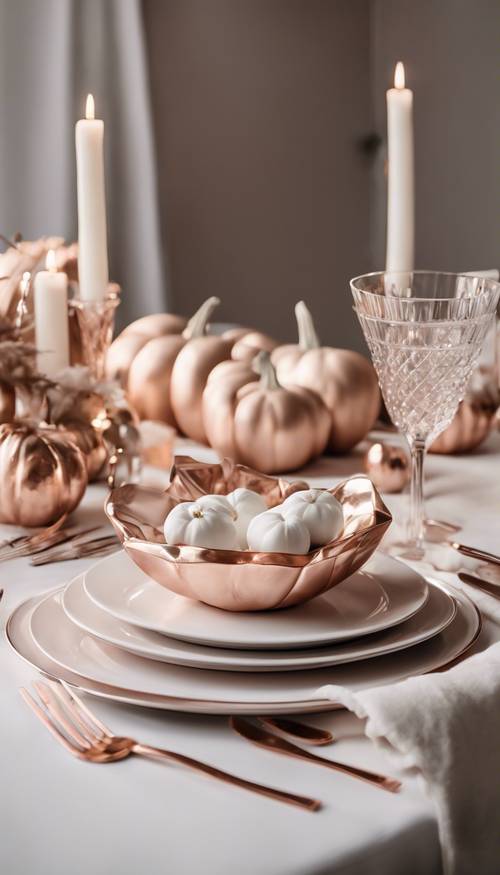 Minimalistic rose-gold and white Thanksgiving decor with simple place setting and an elegant, monochromatic centerpiece. Wallpaper [f755706efb0a4836a884]