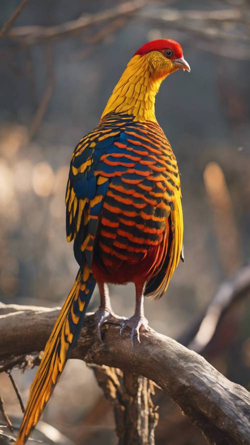A Golden Pheasant with its distinctive bold, striped and metallic plumage.