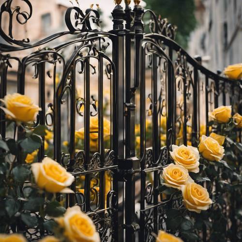 A black iron gate with intricate yellow roses twining around it.