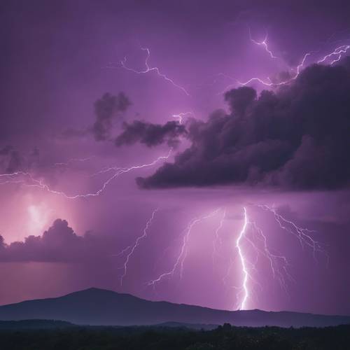 Lightning zap in the horizon against a smoky purple twilight sky