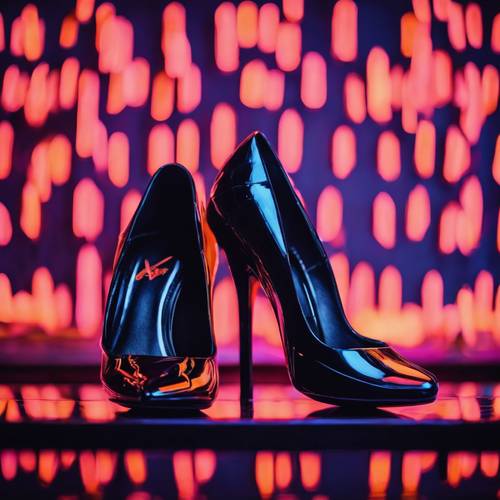 Sepasang sepatu hak tinggi hitam bermandikan cahaya hitam neon.