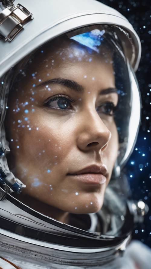 Close-up portrait of a female astronaut with reflections of galaxies in her visor.