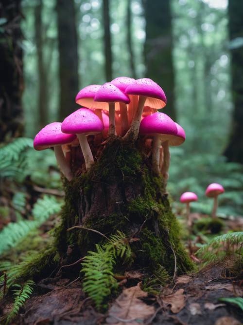 Um grupo unido de cogumelos rosa neon brotando de um toco coberto de musgo no coração de uma selva densa.