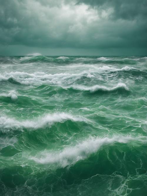 격동하는 폭풍 동안 질감 있는 녹색 바다의 추상적인 전망.